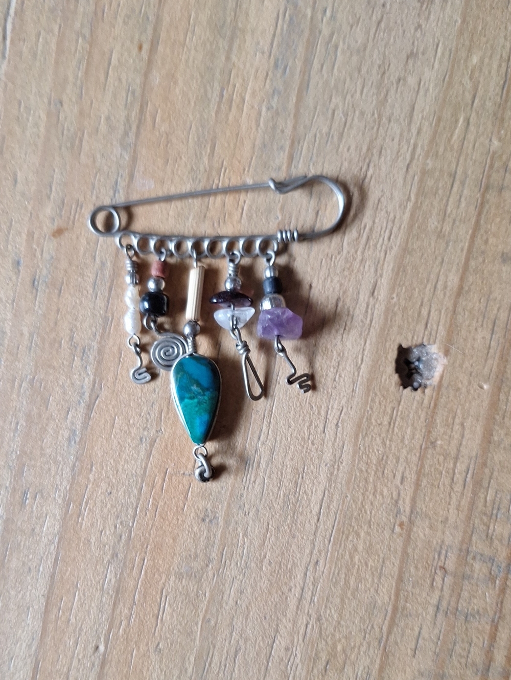 Handcrafted Multistone Safety Pin Brooch - Turquoise & Purple